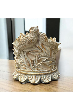 Dekoratif Polyester Kuşlu Şamdan Mumluk Krem Eskitme 11X11X10 cm
