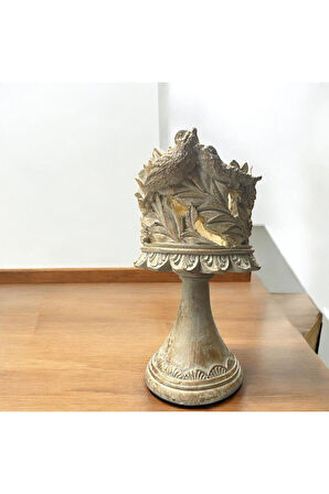 Dekoratif Polyester Kuşlu Ayaklı Şamdan Mumluk Krem Eskitme 23X11X10 cm