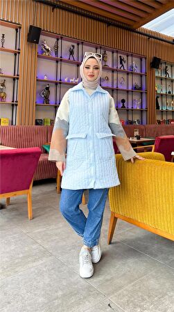 Ahenk Kapitone Cepli Kolsuz Yelek - 71152 - Buz Mavisi