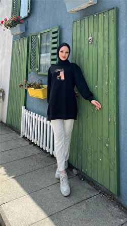 Tutku Nakış Fener Baskılı Sweatshirt - 71147 - Siyah