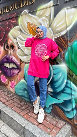 Papatya Taş Detaylı Nakış Baskılı Sweatshirt - 71143 - Fuşya