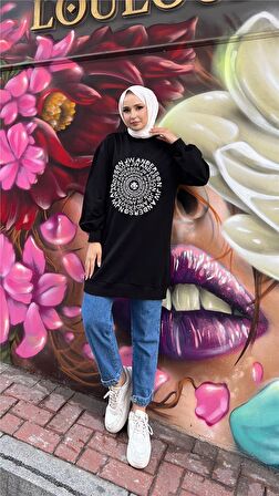 Papatya Taş Detaylı Nakış Baskılı Sweatshirt - 71143 - Siyah