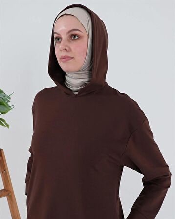 Atlas Kapşonlu Uzun Sade Basic Sweatshirt - 3007 - Mürdüm