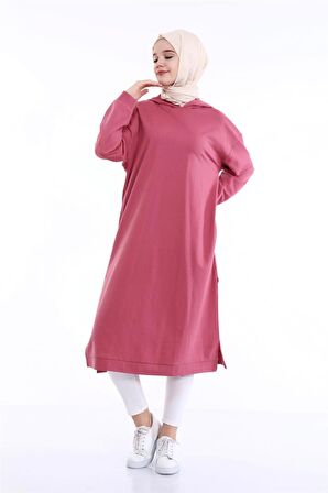 Atlas Kapşonlu Uzun Sade Basic Sweatshirt - 3007 - Gül Kurusu