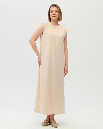 Defile İçlik Sade Basic Kolsuz Elbise - 6041 - Krem