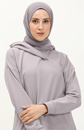 Aysima Yaka Detaylı Kapşonlu Sade Basic Sweatshirt - 3032 - Gri