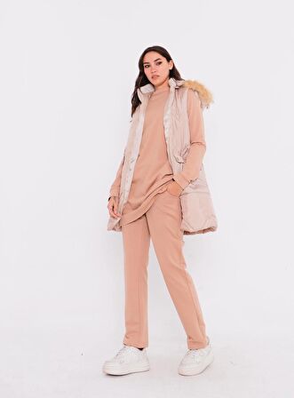 Sarah Kapşonlu Şişme Yelekli Spor Üçlü Takım - 70030 - Bej
