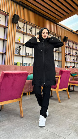 Fermuarlı Kapşonlu Dantel Desenli Tunik Pantolon İkili Spor Takım - 71158.003 - Siyah