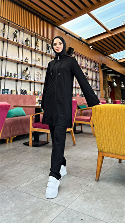Fermuarlı Kapşonlu Dantel Desenli Tunik Pantolon İkili Spor Takım - 71158.003 - Siyah