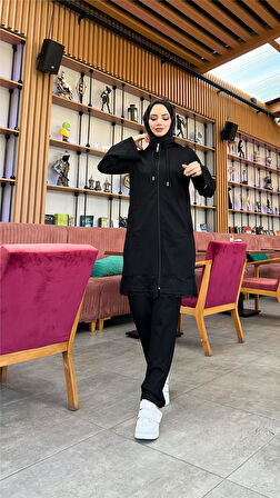 Fermuarlı Kapşonlu Dantel Desenli Tunik Pantolon İkili Spor Takım - 71158.003 - Siyah