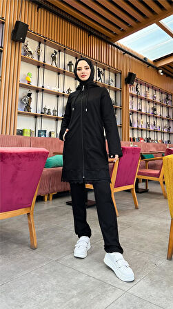Fermuarlı Kapşonlu Dantel Desenli Tunik Pantolon İkili Spor Takım - 71158.003 - Siyah