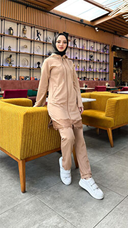 Fermuarlı Kapşonlu Dantel Desenli Tunik Pantolon İkili Spor Takım - 71158.026 - Bej