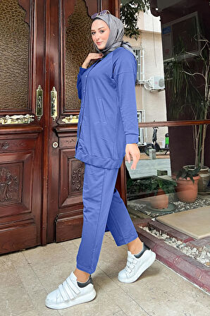 Çıtçıtlı Yandan Cepli İkili Sade Basic Eşofman Spor Takımı - 12009.006 - İndigo