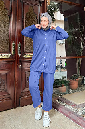 Çıtçıtlı Yandan Cepli İkili Sade Basic Eşofman Spor Takımı - 12009.006 - İndigo