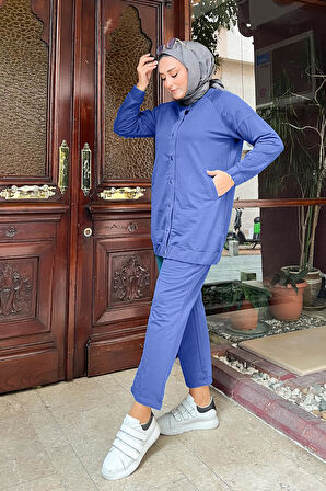 Çıtçıtlı Yandan Cepli İkili Sade Basic Eşofman Spor Takımı - 12009.006 - İndigo