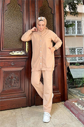 Çıtçıtlı Yandan Cepli İkili Sade Basic Eşofman Spor Takımı - 12009.026 - Bej