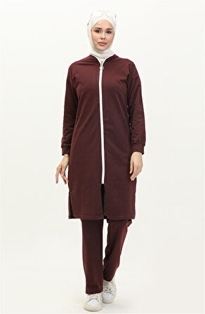 Bisiklet Yaka Fermuarlı Uzun Tunik Sade Basic Spor Takımı - 03044.009 - Bordo