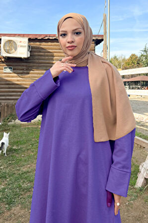 O Yaka Yırtmançlı Uzun Geniş Rahat Tunik Pantolon Sade Basic Spor Takımı - 03040.207 - Koyu Lila