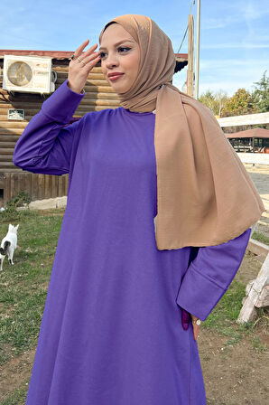 O Yaka Yırtmançlı Uzun Geniş Rahat Tunik Pantolon Sade Basic Spor Takımı - 03040.207 - Koyu Lila