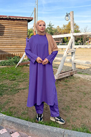 O Yaka Yırtmançlı Uzun Geniş Rahat Tunik Pantolon Sade Basic Spor Takımı - 03040.207 - Koyu Lila