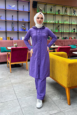 Kapşonlu Düğmeli Sade Basic Uzun Tunik ve Pantolon İkili Spor Takım - 03072.207 - Koyu Lila