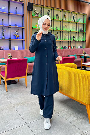 Kapşonlu Düğmeli Sade Basic Uzun Tunik ve Pantolon İkili Spor Takım - 03072.015 - Lacivert
