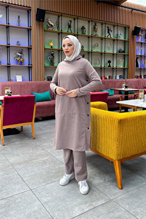 Kapşonlu Yandat Çıtçıtlı Sade Basic Uzun Tunik ve Pantolon İkili Spor Takım - 03071.016 - Vizon