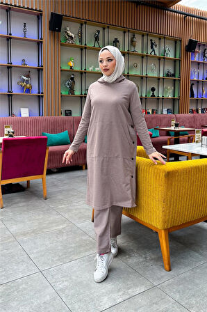 Kapşonlu Yandat Çıtçıtlı Sade Basic Uzun Tunik ve Pantolon İkili Spor Takım - 03071.016 - Vizon