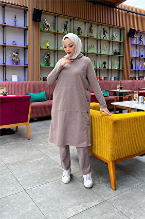 Kapşonlu Yandat Çıtçıtlı Sade Basic Uzun Tunik ve Pantolon İkili Spor Takım - 03071.016 - Vizon