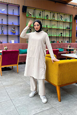 Kapşonlu Yandat Çıtçıtlı Sade Basic Uzun Tunik ve Pantolon İkili Spor Takım - 03071.027 - Ekru