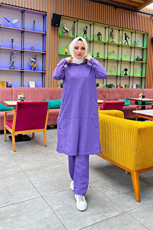 Kapşonlu Yandat Çıtçıtlı Sade Basic Uzun Tunik ve Pantolon İkili Spor Takım - 03071.207 - Koyu Lila