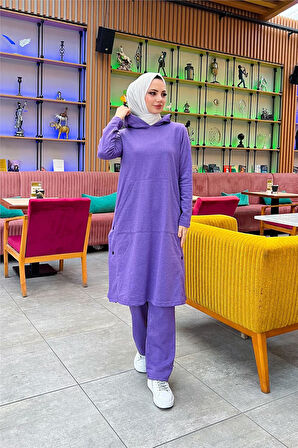 Kapşonlu Yandat Çıtçıtlı Sade Basic Uzun Tunik ve Pantolon İkili Spor Takım - 03071.207 - Koyu Lila