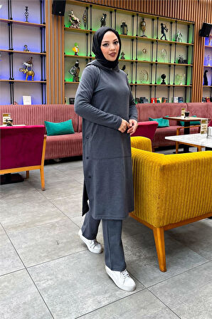 Kapşonlu Yandat Çıtçıtlı Sade Basic Uzun Tunik ve Pantolon İkili Spor Takım - 03071.017 - Antrasit