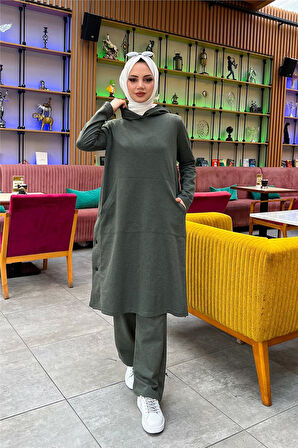 Kapşonlu Yandat Çıtçıtlı Sade Basic Uzun Tunik ve Pantolon İkili Spor Takım - 03071.005 - Haki
