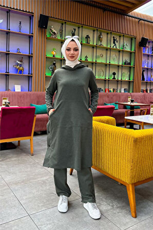 Kapşonlu Yandat Çıtçıtlı Sade Basic Uzun Tunik ve Pantolon İkili Spor Takım - 03071.005 - Haki