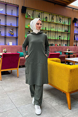 Kapşonlu Yandat Çıtçıtlı Sade Basic Uzun Tunik ve Pantolon İkili Spor Takım - 03071.005 - Haki