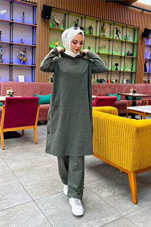 Kapşonlu Yandat Çıtçıtlı Sade Basic Uzun Tunik ve Pantolon İkili Spor Takım - 03071.005 - Haki
