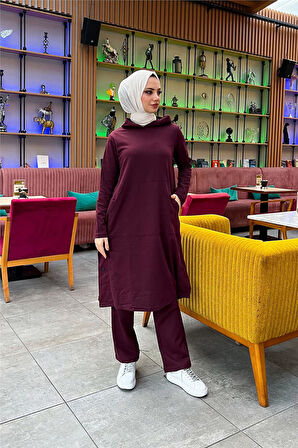 Kapşonlu Yandat Çıtçıtlı Sade Basic Uzun Tunik ve Pantolon İkili Spor Takım - 03071.020 - Mürdüm