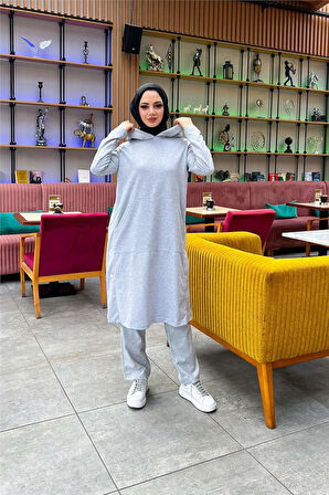 Kapşonlu Yandat Çıtçıtlı Sade Basic Uzun Tunik ve Pantolon İkili Spor Takım - 03071.008 - Gri
