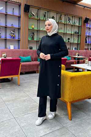 Kapşonlu Yandat Çıtçıtlı Sade Basic Uzun Tunik ve Pantolon İkili Spor Takım - 03071.003 - Siyah
