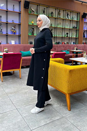 Kapşonlu Yandat Çıtçıtlı Sade Basic Uzun Tunik ve Pantolon İkili Spor Takım - 03071.003 - Siyah