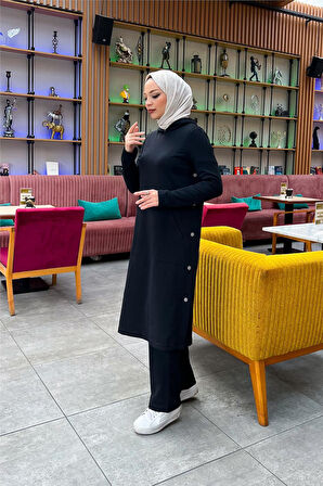 Kapşonlu Yandat Çıtçıtlı Sade Basic Uzun Tunik ve Pantolon İkili Spor Takım - 03071.003 - Siyah