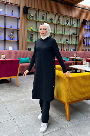 Kapşonlu Yandat Çıtçıtlı Sade Basic Uzun Tunik ve Pantolon İkili Spor Takım - 03071.003 - Siyah