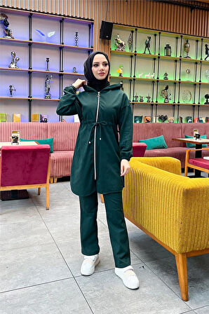 Kapşonlu Fermuarlı Belden Bağlamalı Sade Basic İkili Spor Takımı - 03070.021 - Nefti
