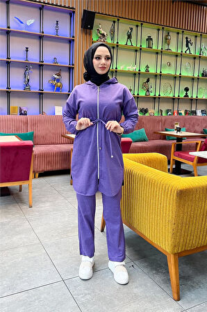 Kapşonlu Fermuarlı Belden Bağlamalı Sade Basic İkili Spor Takımı - 03070.207 - Koyu Lila