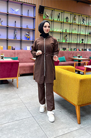 Kapşonlu Fermuarlı Belden Bağlamalı Sade Basic İkili Spor Takımı - 03070.028 - Kahverengi