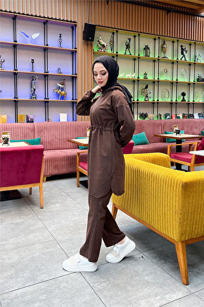 Kapşonlu Fermuarlı Belden Bağlamalı Sade Basic İkili Spor Takımı - 03070.028 - Kahverengi