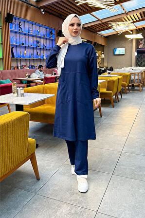 Önden İki Cepli Sade Basic Uzun Tunik Pantolon İkili Spor Takımı - 03067.202 - Açık Lacivert