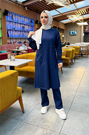 Önden İki Cepli Sade Basic Uzun Tunik Pantolon İkili Spor Takımı - 03067.202 - Açık Lacivert