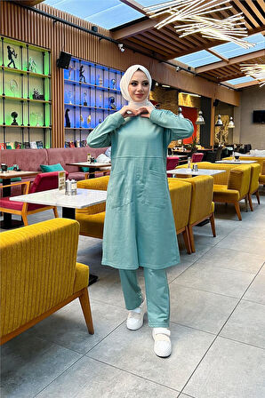 Önden İki Cepli Sade Basic Uzun Tunik Pantolon İkili Spor Takımı - 03067.100 - Çağla Yeşili